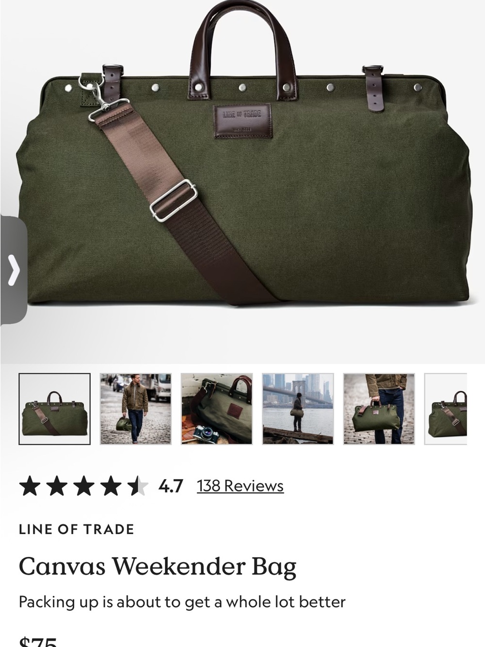 LINE OF TRADE Olive Canvas Weekender Duffel NWOT